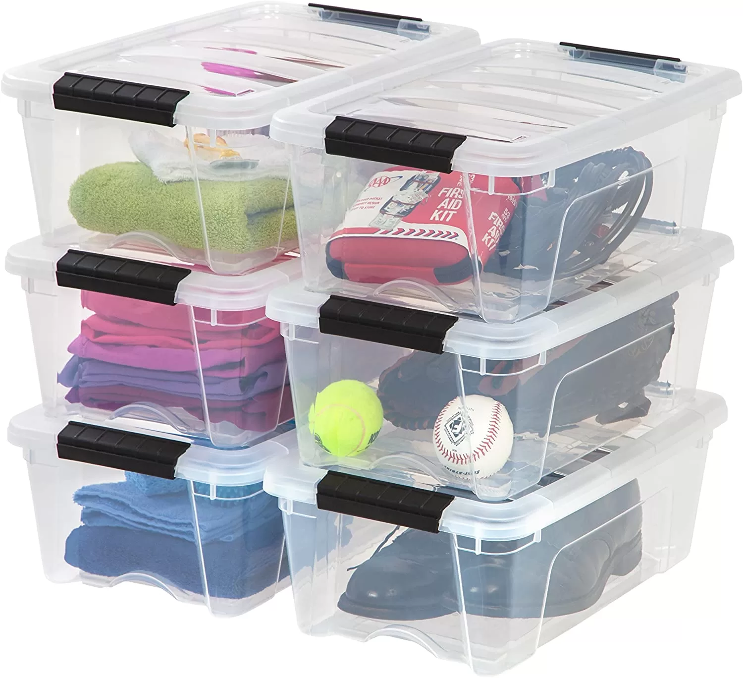 IRIS USA 12 Qt. Plastic Storage Bin Tote Organizing Container, 6 Pack, clear with Black Buckle