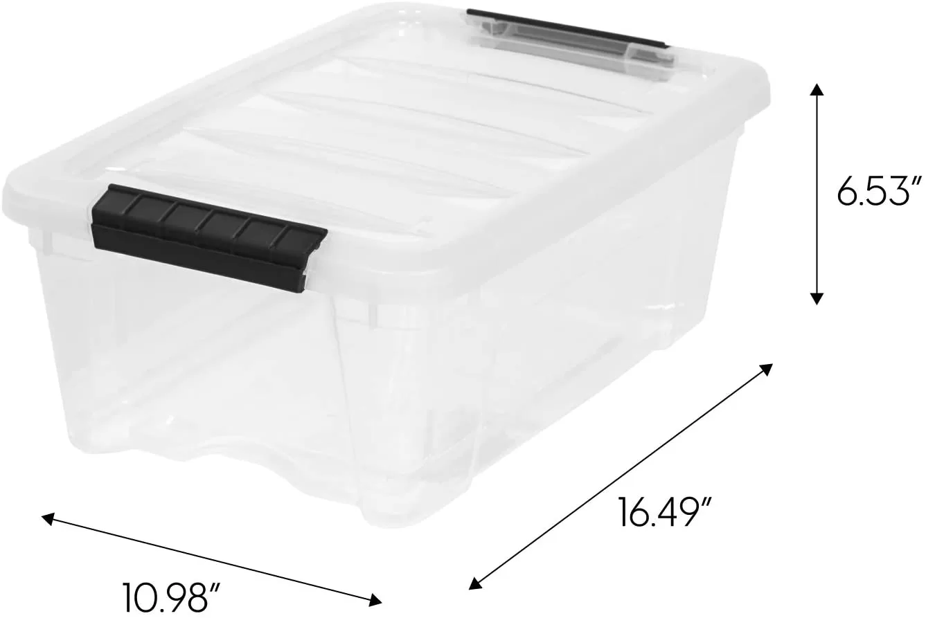 IRIS USA 12 Qt. Plastic Storage Bin Tote Organizing Container, 6 Pack, clear with Black Buckle