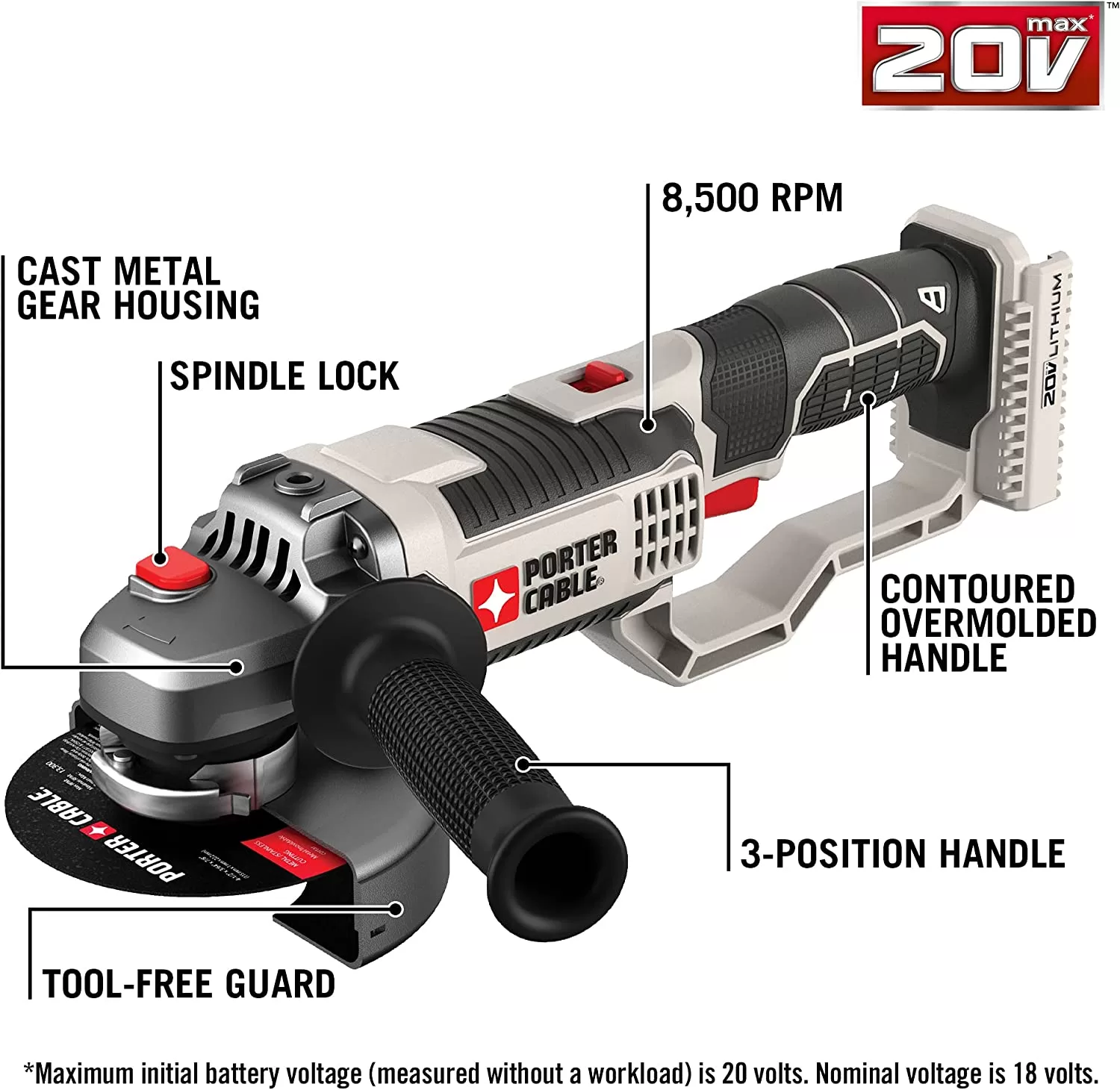 PORTER-CABLE 20V MAX* Angle Grinder Tool, 4-1/2-Inch, Tool Only (PCC761B)