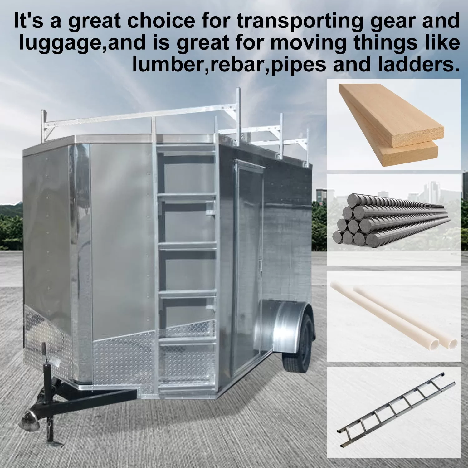 Kojem 4'-8.5' Adjustable Trailer Ladder Roof Rack for Enclosed and Open Trailers Van Aluminum