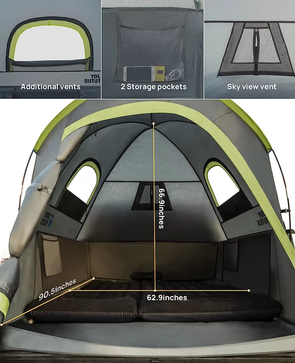 JoyTutus Pickup Truck Tent, Waterproof PU2000mm Double Layer for 2 Person, Portable Truck Bed Tent, 5.5'-6' Camping- Gray Green
