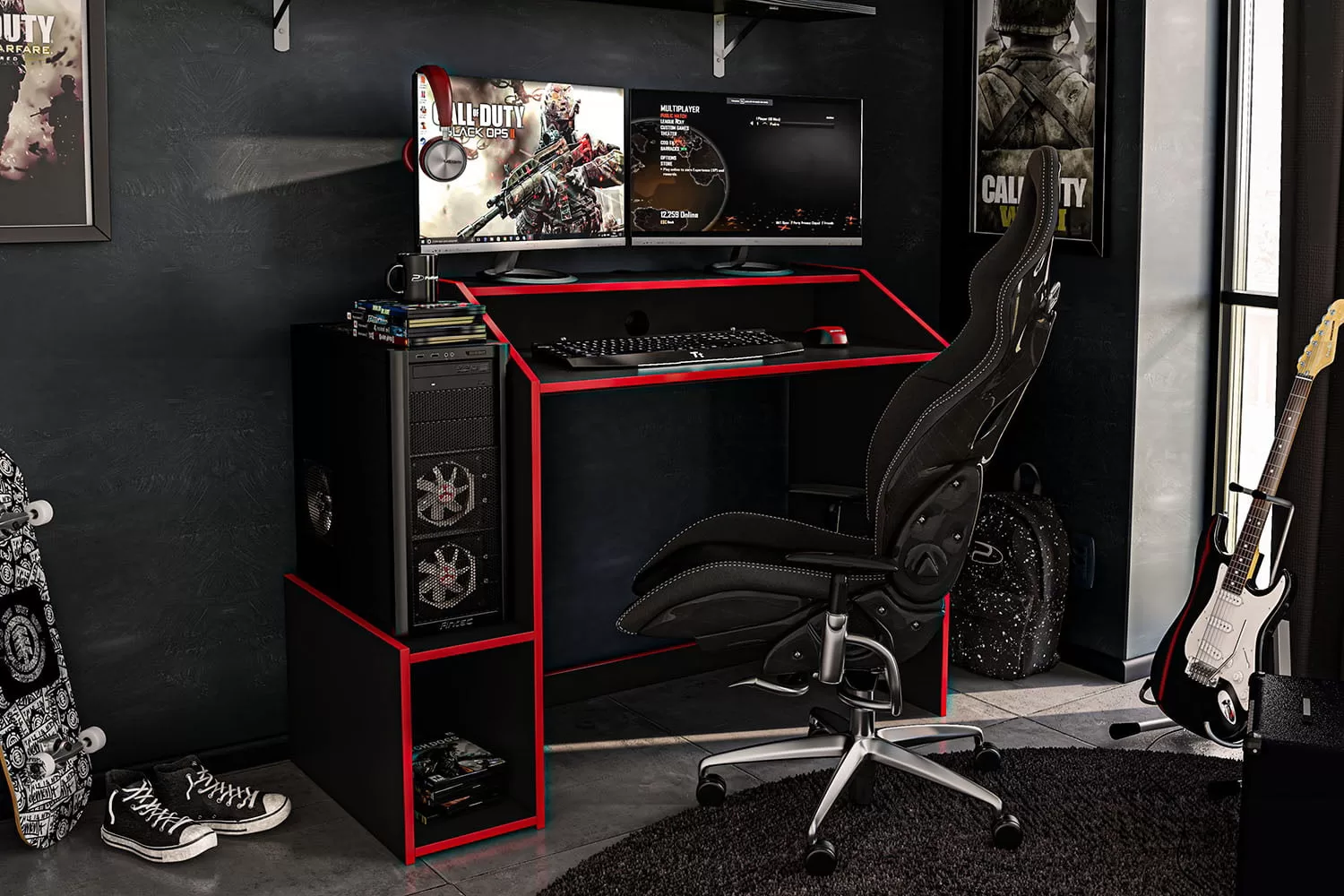 Polifurniture Legend Modern 45" Wood Gaming Desk with Monitor Stand, Black and Red Finish