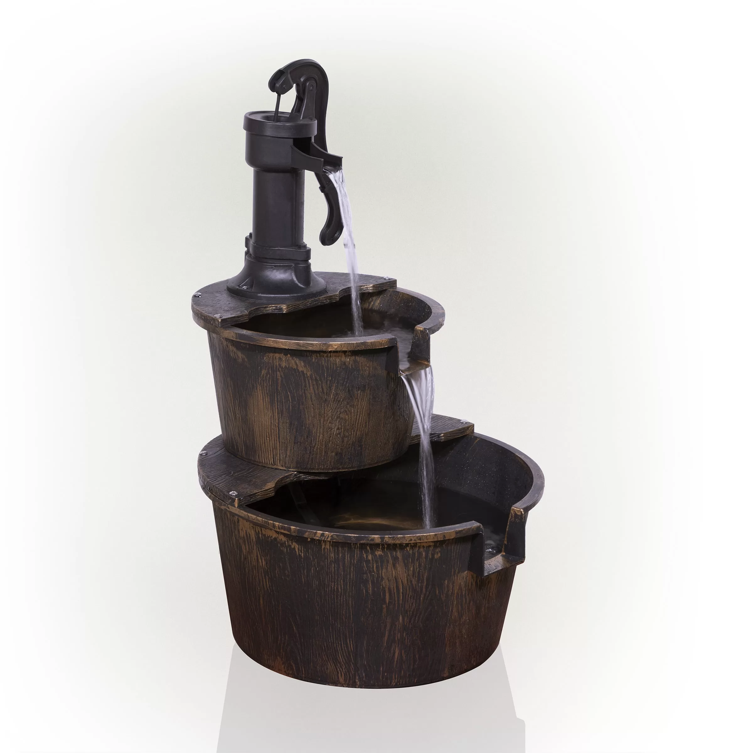 Alpine Corporation 27" Two-Tier Barrel & Pump Outdoor Fountain, Bronze