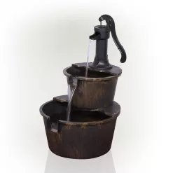 Alpine Corporation 27" Two-Tier Barrel & Pump Outdoor Fountain, Bronze
