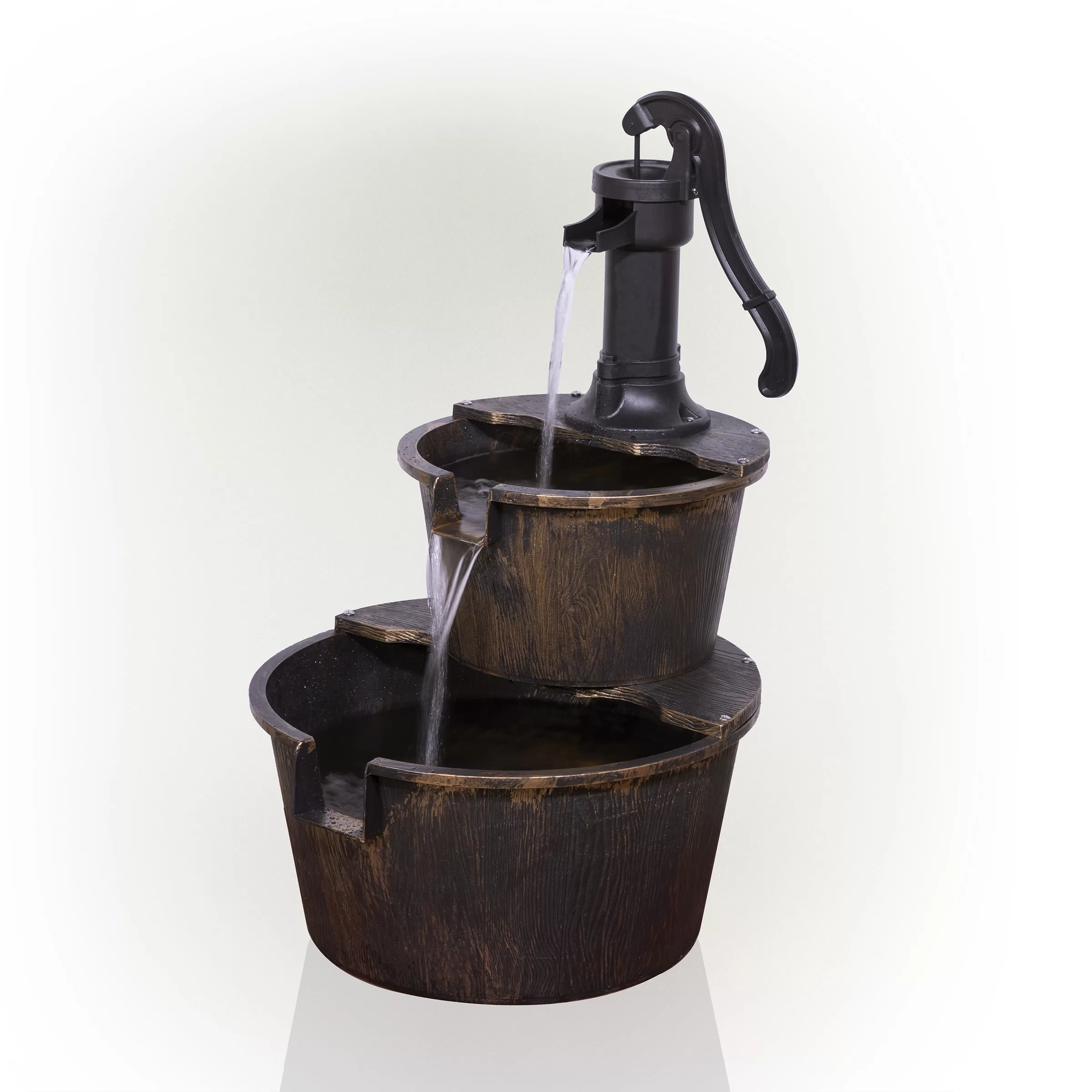 Alpine Corporation 27" Two-Tier Barrel & Pump Outdoor Fountain, Bronze