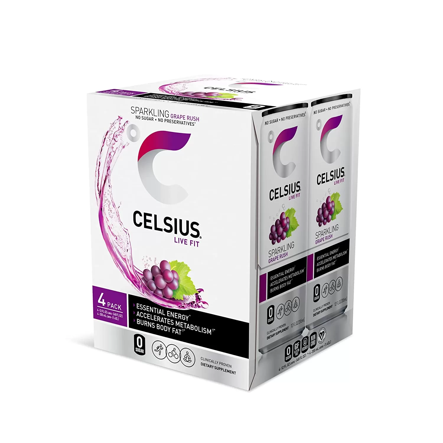 CELSIUS Essential Energy Drink , Sparkling Grape Rush , 12 Fl Oz (Pack of 24)