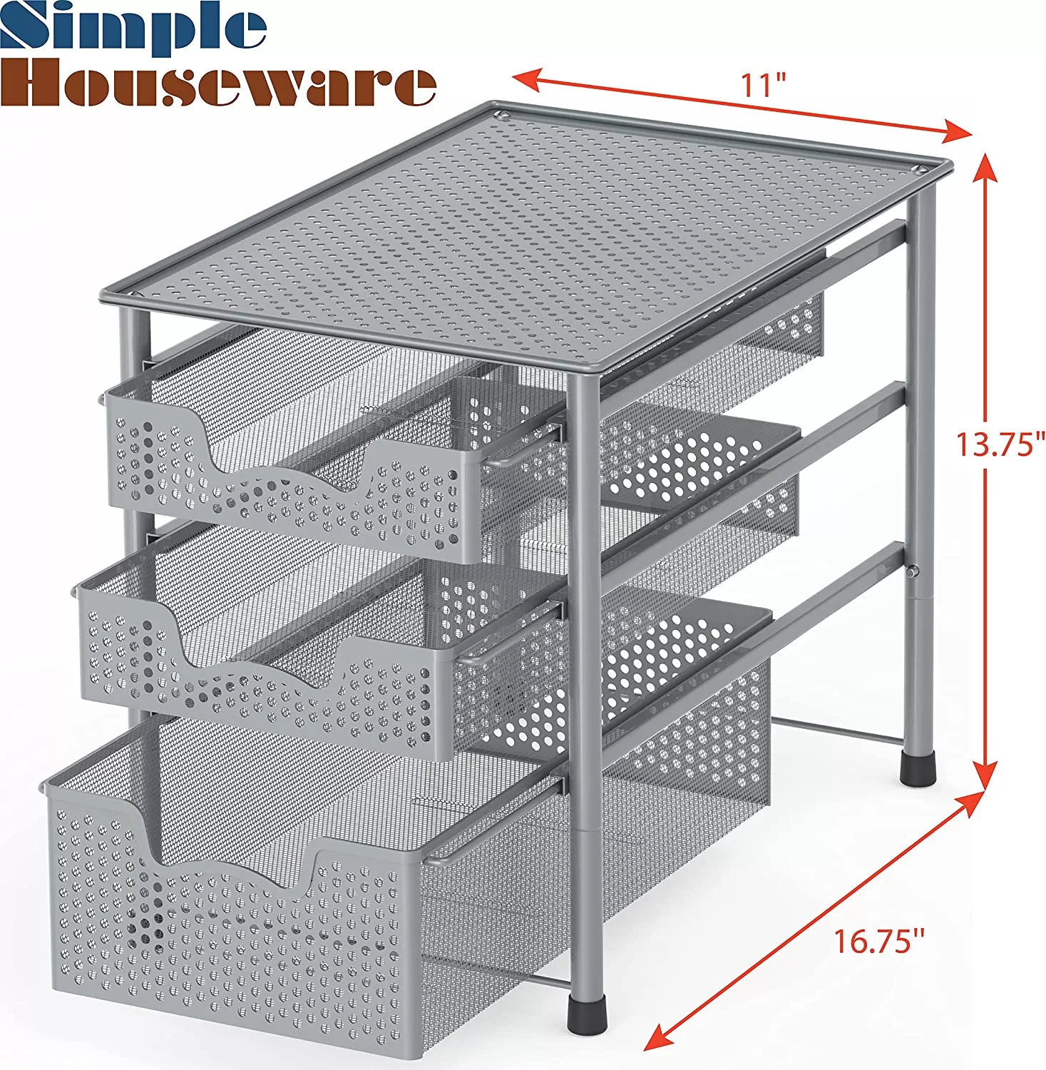 Simple Houseware Stackable 3 Tier Sliding Basket Organizer Drawer, Silver