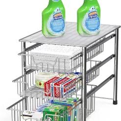 Simple Houseware Stackable 3 Tier Sliding Basket Organizer Drawer, Chrome