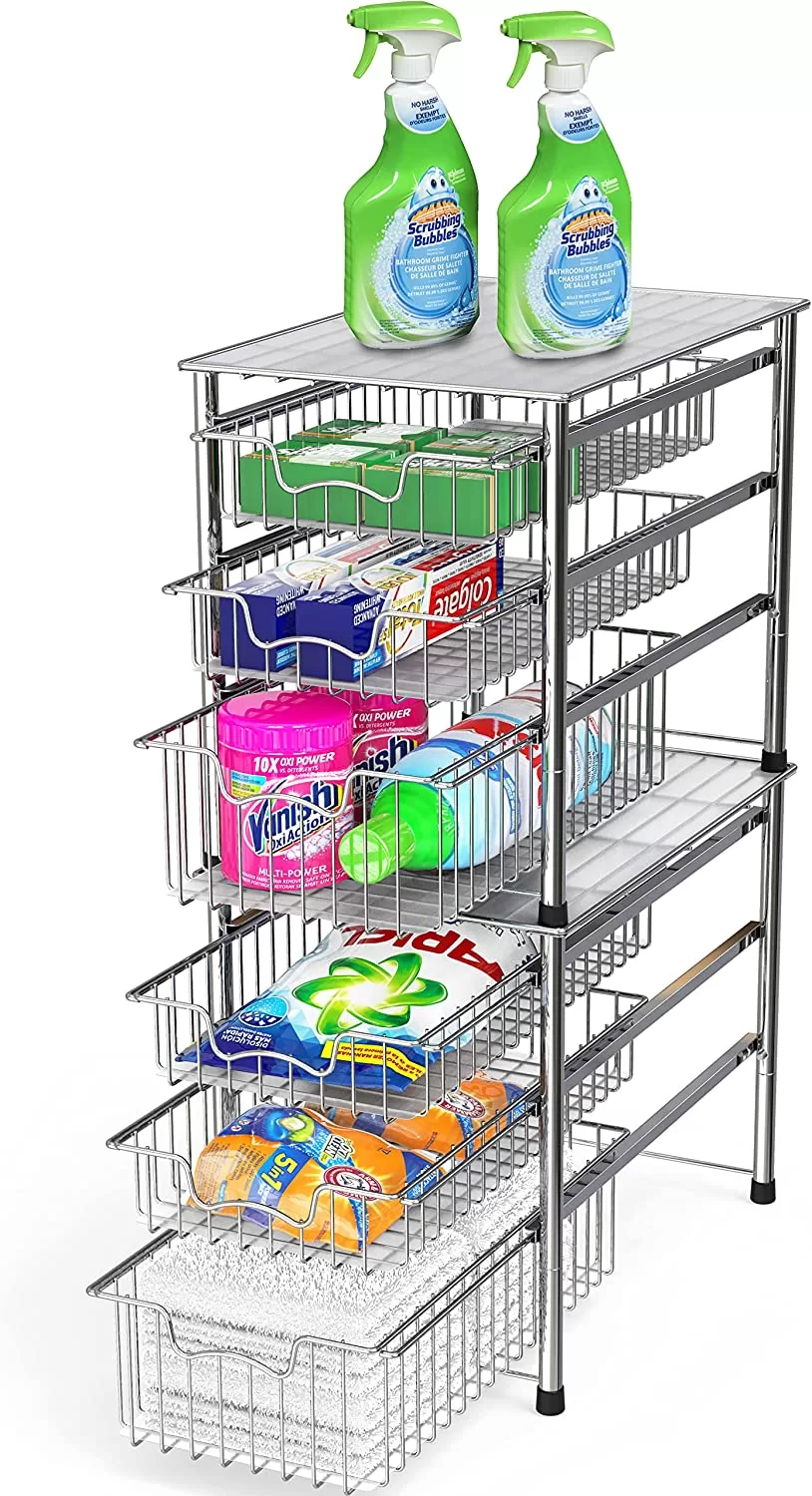 Simple Houseware Stackable 3 Tier Sliding Basket Organizer Drawer, Chrome