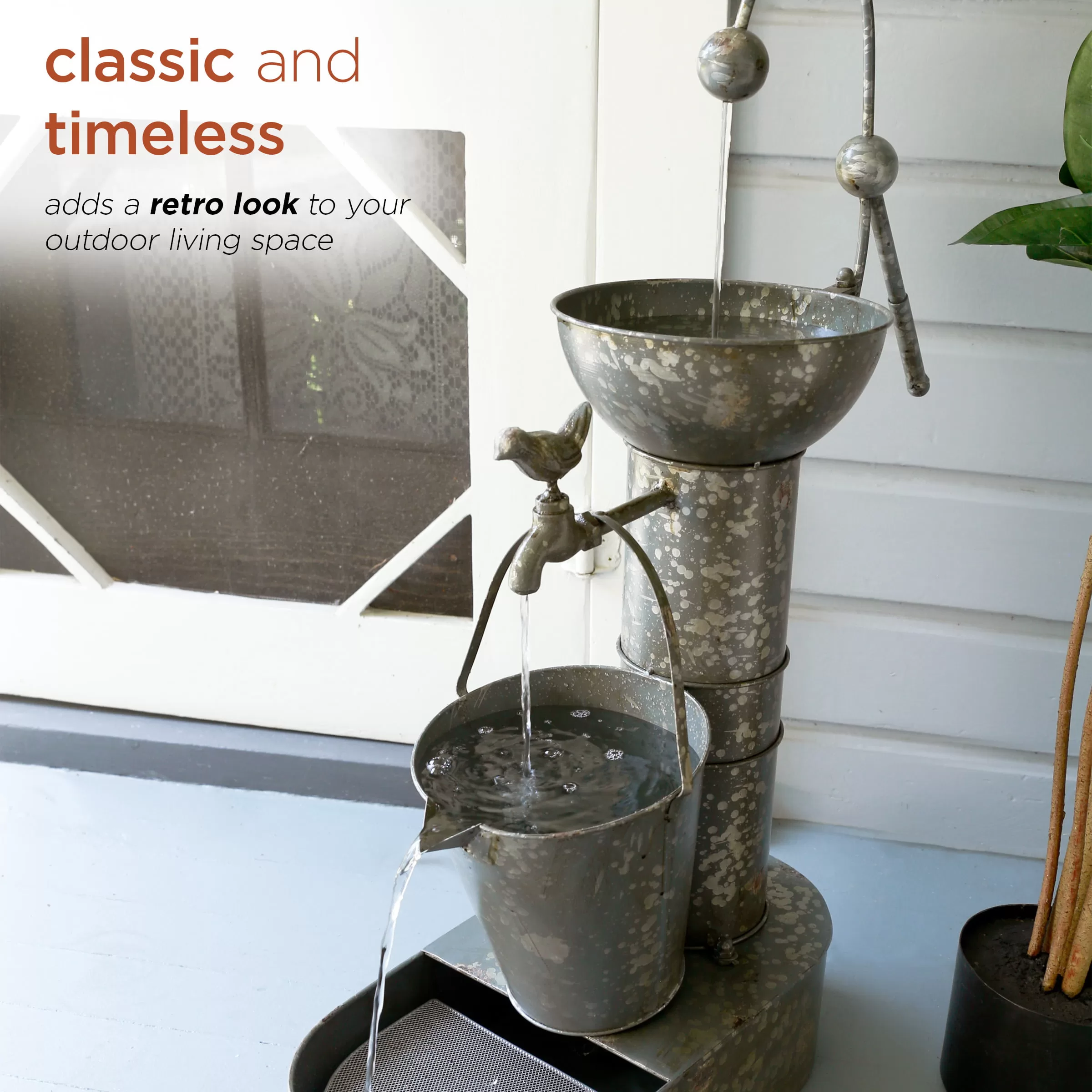 Alpine Corporation Rustic Metal Tiering Tin Water Fountain, 34 Inch Tall