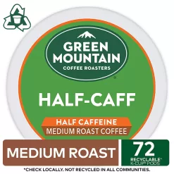 Green Mountain Coffee Roasters Half Caff, Single-Serve Keurig K-Cup Pods, Medium Roast Coffee, 72 Count