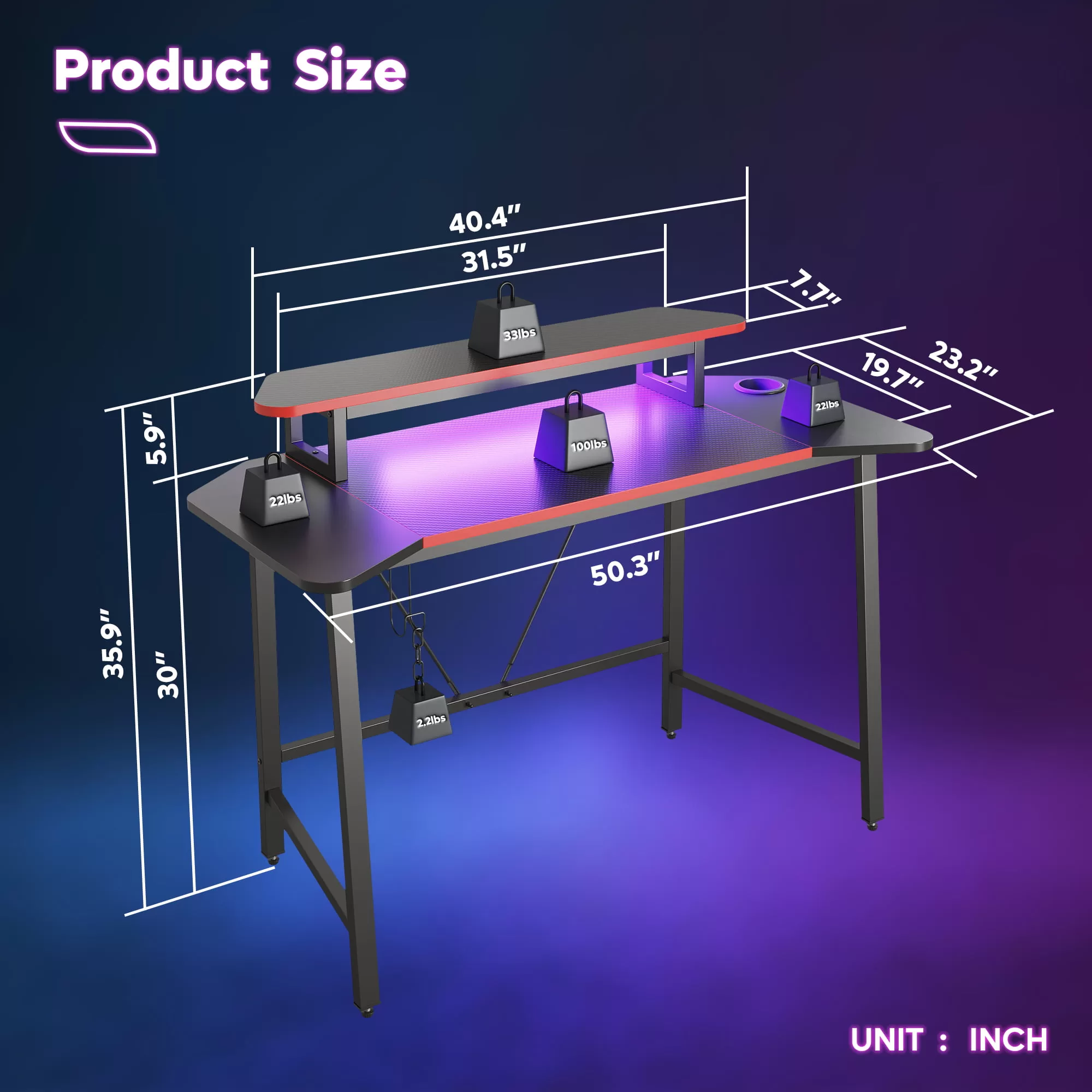 Bestier 50.3" Gaming Desk Computer Office Table with LED Lights & Monitor Stand, Carbon Fiber