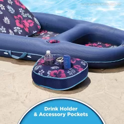 Aqua Campania Ultimate 2-in-1 Pool Float Lounge – Extra Large – Inflatable Pool Floats for Adults with Adjustable Backrest & Cupholder Caddy – Navy Hibiscus