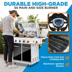 Heavy-Duty 5-Burner Propane Gas Grill - Stainless Steel Grill, 4 Main Burner with 1 side burner, 52,000 BTU Grilling Capacity - NutriChef NCGRIL2