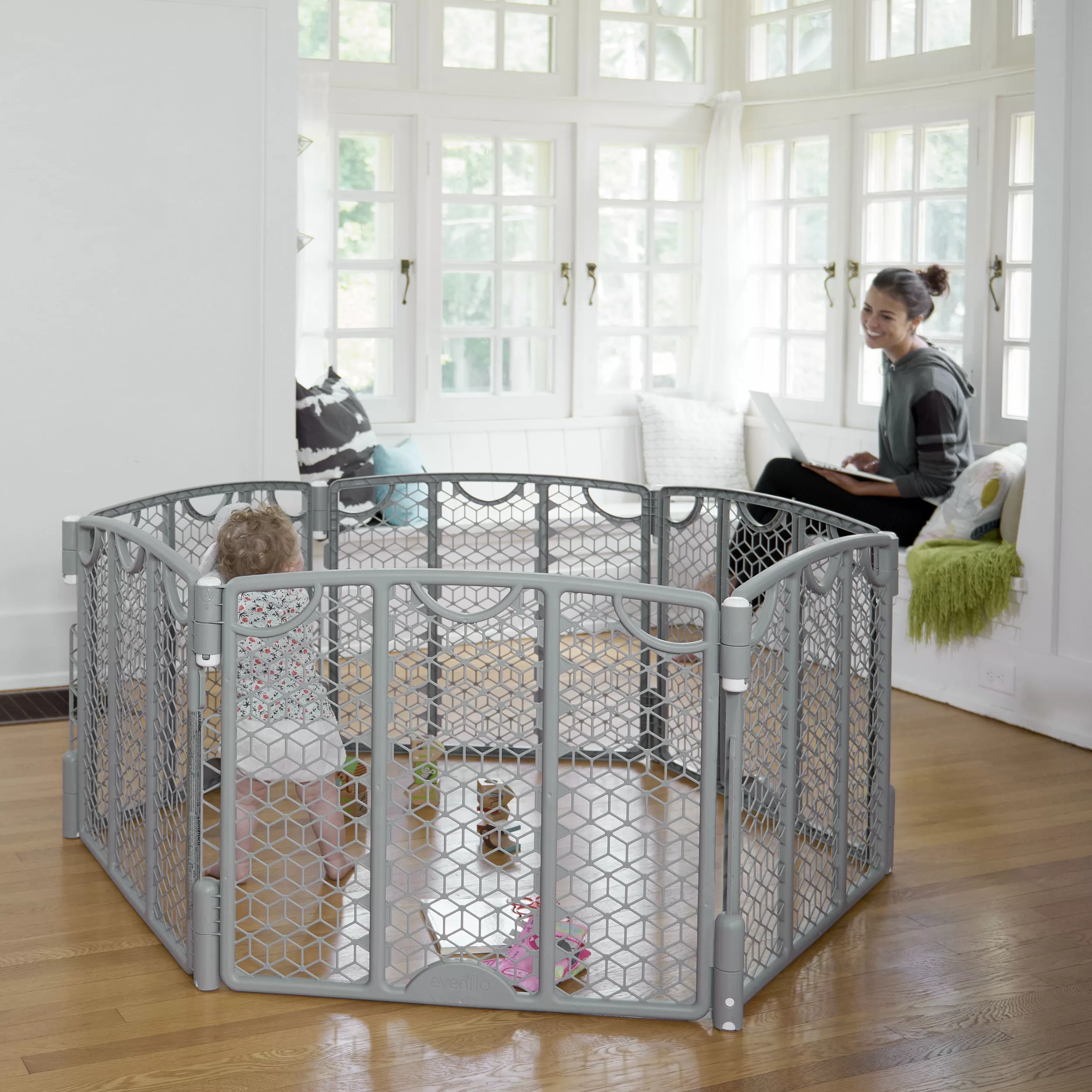 Evenflo Versatile Play Space Adjustable Freestanding Playard, 6-Panels, Cool Gray