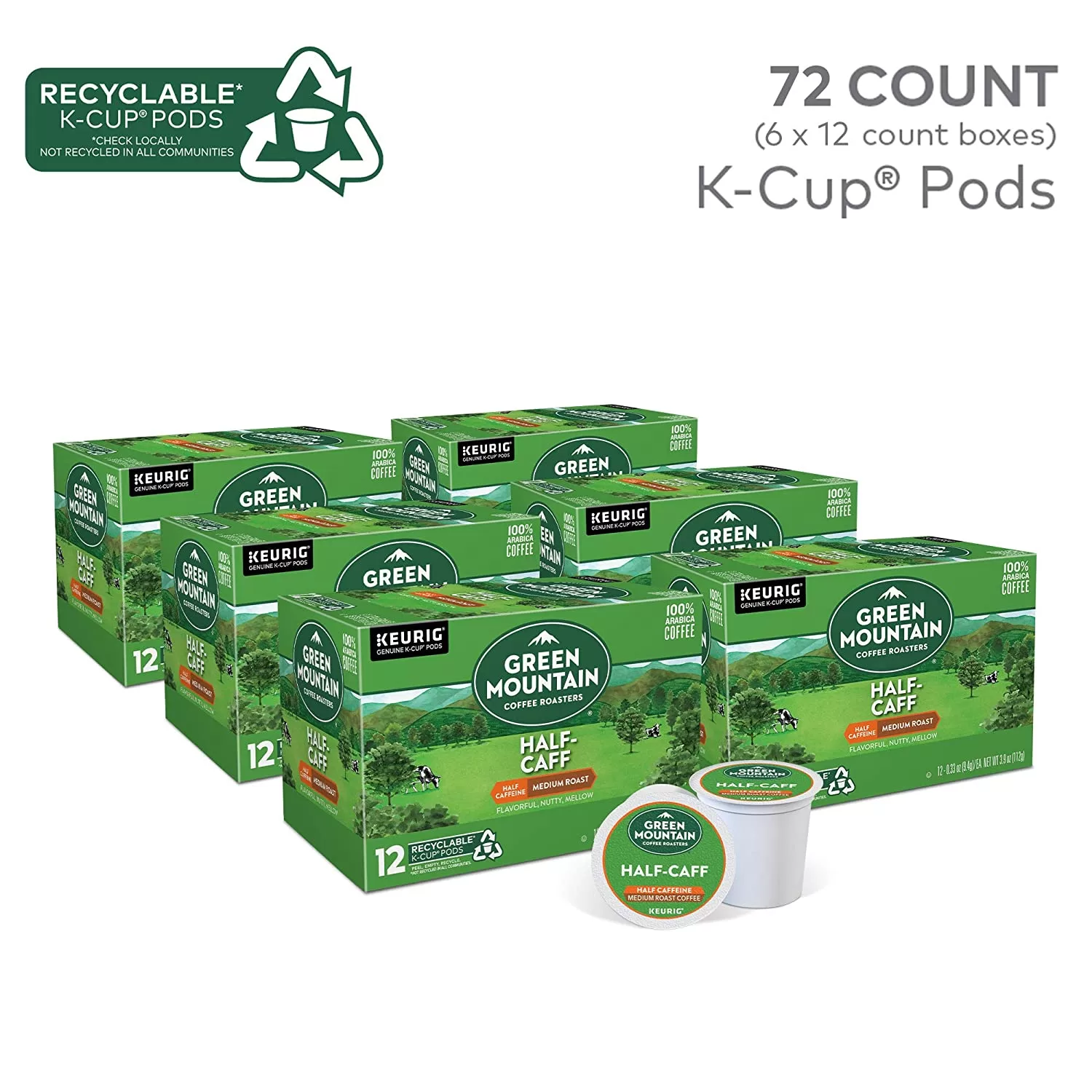 Green Mountain Coffee Roasters Half Caff, Single-Serve Keurig K-Cup Pods, Medium Roast Coffee, 72 Count