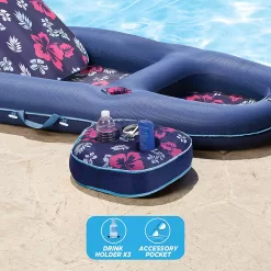 Aqua Campania Ultimate 2-in-1 Pool Float Lounge – Extra Large – Inflatable Pool Floats for Adults with Adjustable Backrest & Cupholder Caddy – Navy Hibiscus