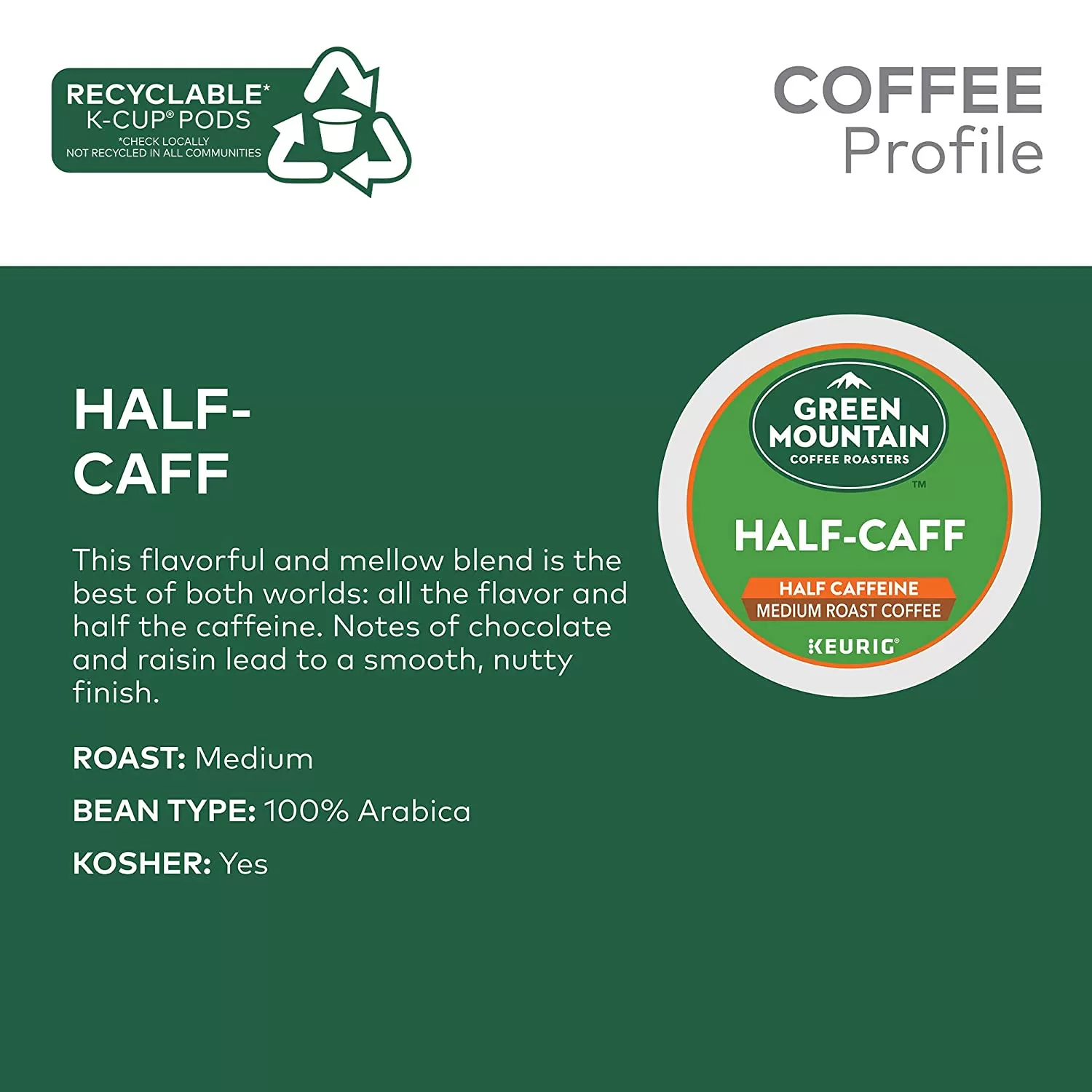 Green Mountain Coffee Roasters Half Caff, Single-Serve Keurig K-Cup Pods, Medium Roast Coffee, 72 Count