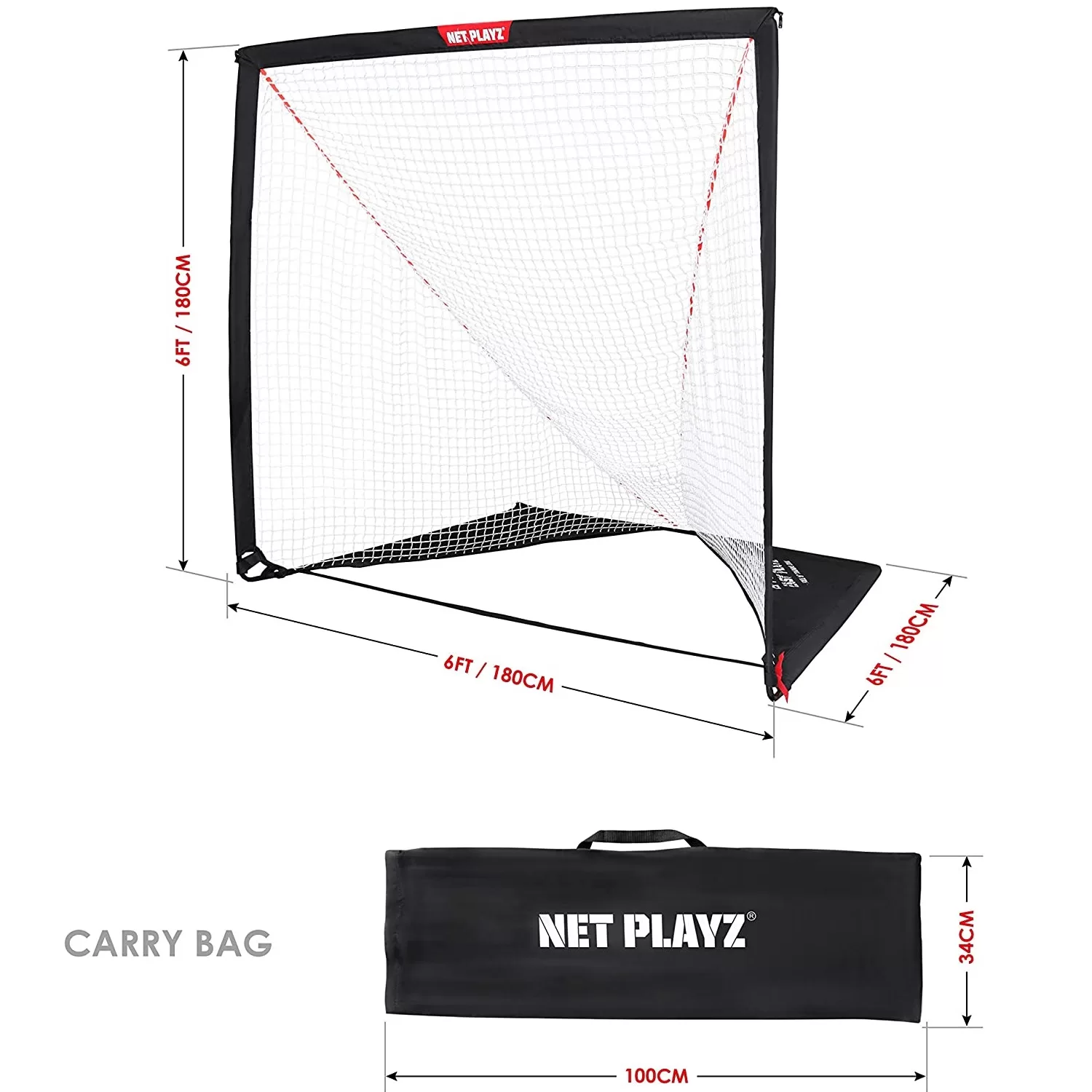 NET PLAYZ 6 x 6 x 6 Feet Lacrosse Goal Fast Install, Fiberglass Frme, Lightweight, Foldable, Portable, Carry Bag Included, Black