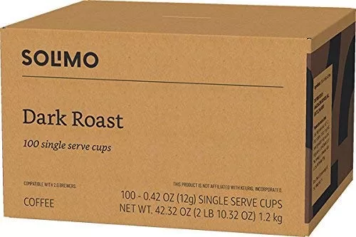Solimo Dark Roast Coffee Pods, Compatible with Keurig 2.0 K-Cup Brewers 100 Count(Pack of 1)