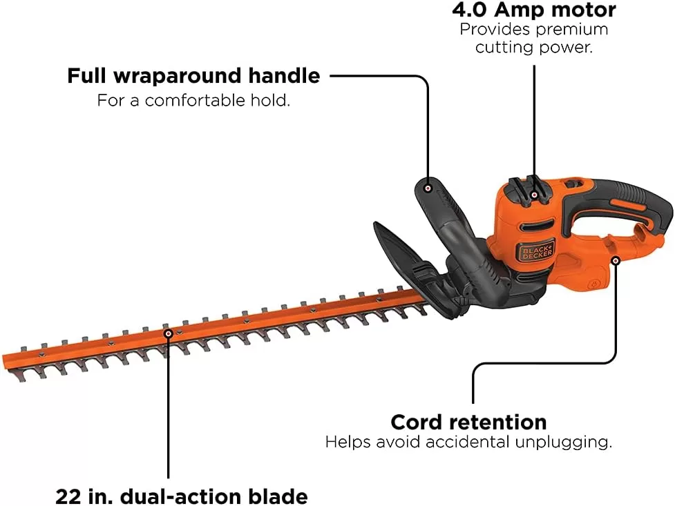 BLACK+DECKER Electric Hedge Trimmer, 22-Inch Blade, Corded (BEHT350FF) Orange