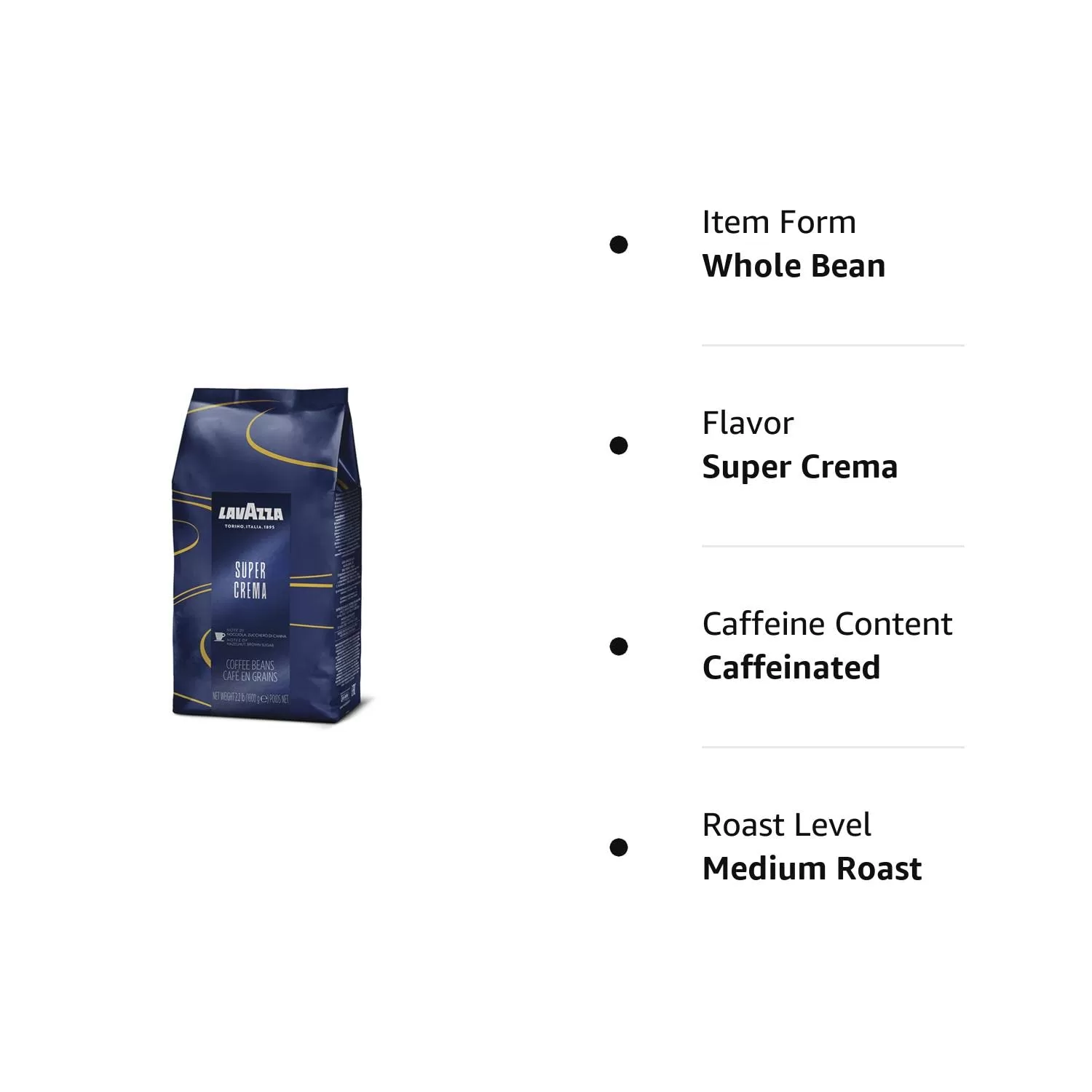 Lavazza Super Crema Whole Bean Coffee Blend, light-Medium Espresso Roast, 2.2 Pound (Pack of 1) ,Premium Quality, Aromatic, Mild and creamy