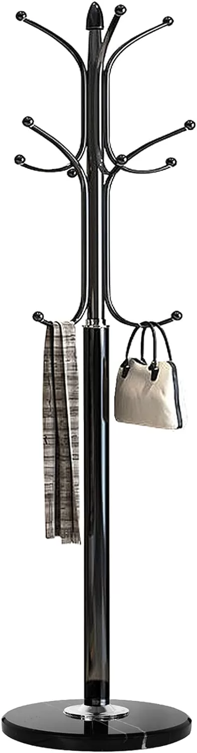 Kertnic Metal Coat Rack Stand with Natural Marble Base, Free Standing Hall Tree with 12 Hooks (Black)