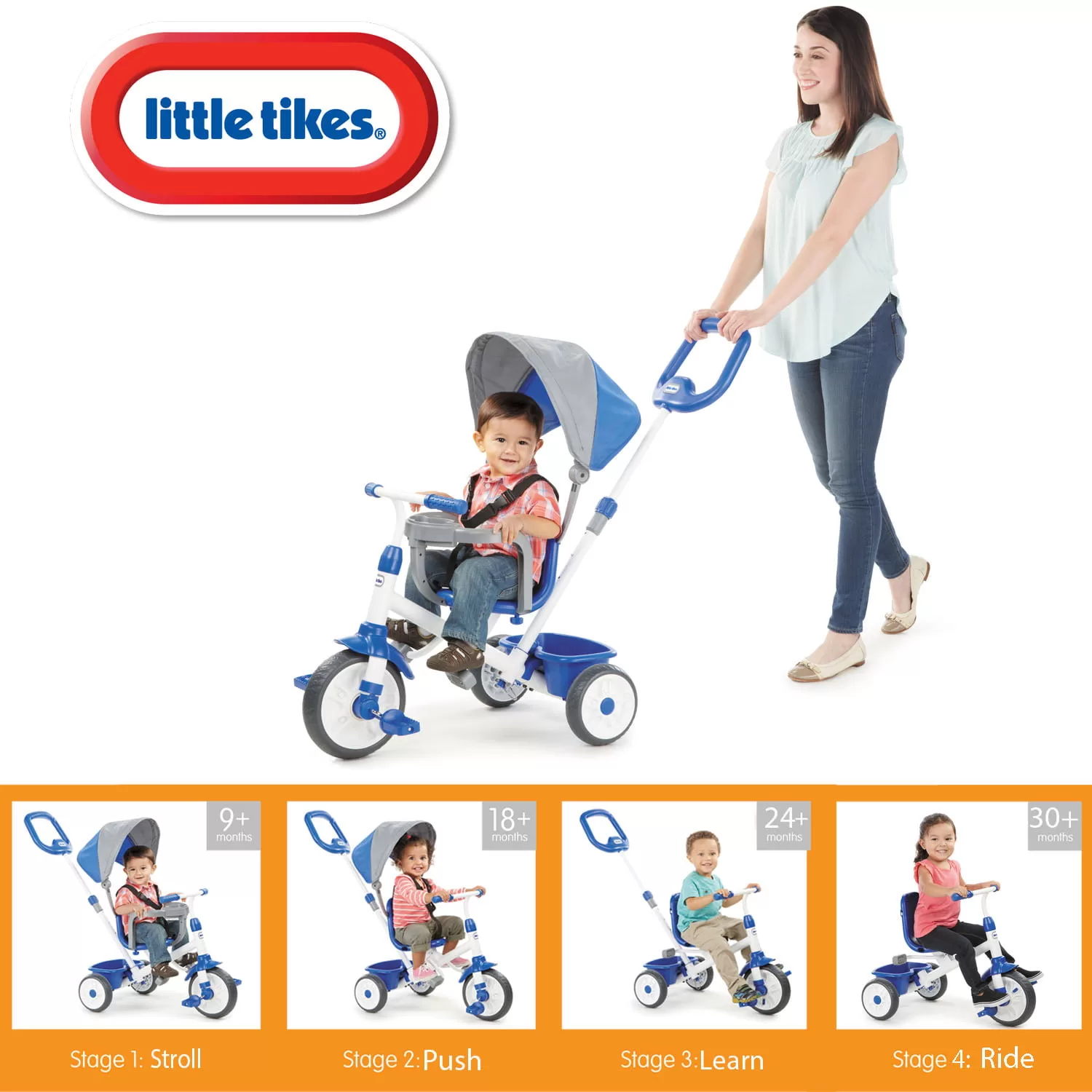 Little Tikes My First Trike 4-in-1 Trike in Blue, Convertible Tricycle for Toddlers