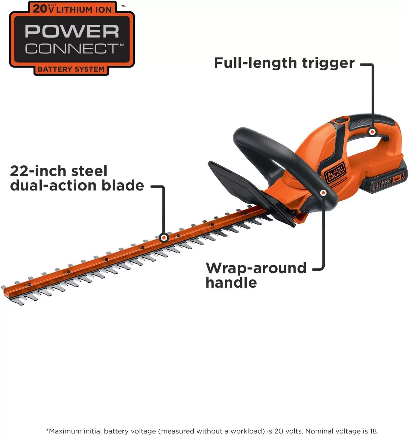 BLACK+DECKER 20V MAX Cordless Hedge Trimmer, Battery and Charger Included (LHT2220), Orange