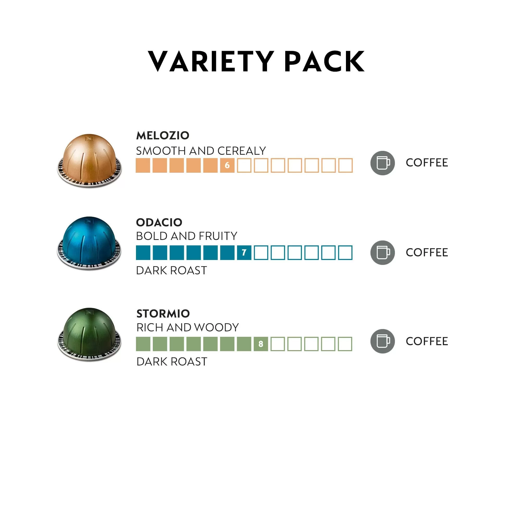 Nespresso Capsules VertuoLine, Medium and Dark Roast Coffee, Variety Pack, Stormio, Odacio, Melozio, 30 Count, Brews 7.77 Fl Oz (Pack of 3)