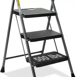 3 Step Ladder, GOLYTON Folding Step Stool with Anti-Slip Wide Pedal & Convenient Handgrip, Grey