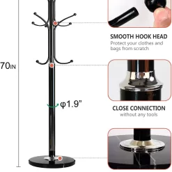 Kertnic Metal Coat Rack Stand with Natural Marble Base, Free Standing Hall Tree with 12 Hooks (Black)