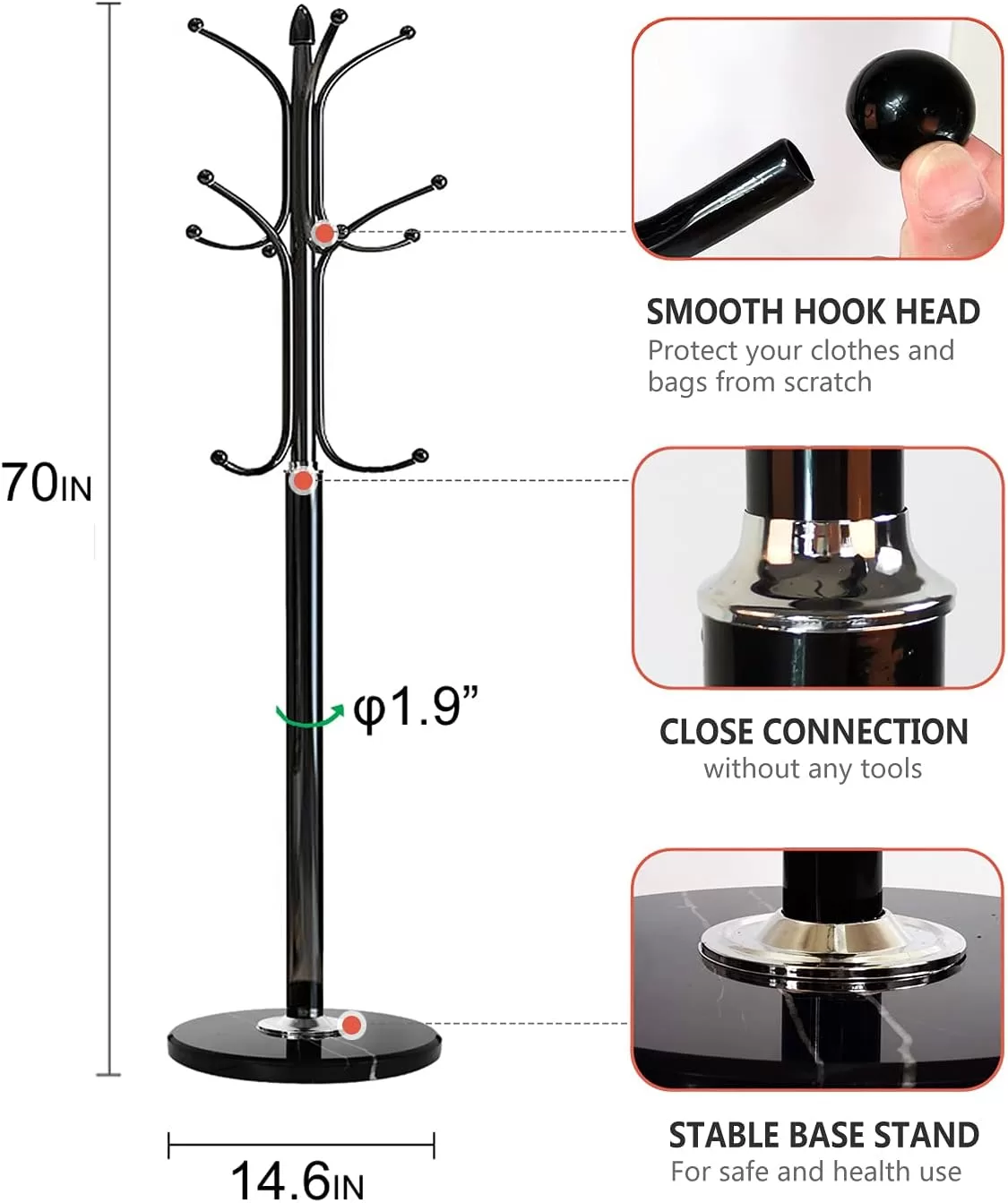 Kertnic Metal Coat Rack Stand with Natural Marble Base, Free Standing Hall Tree with 12 Hooks (Black)