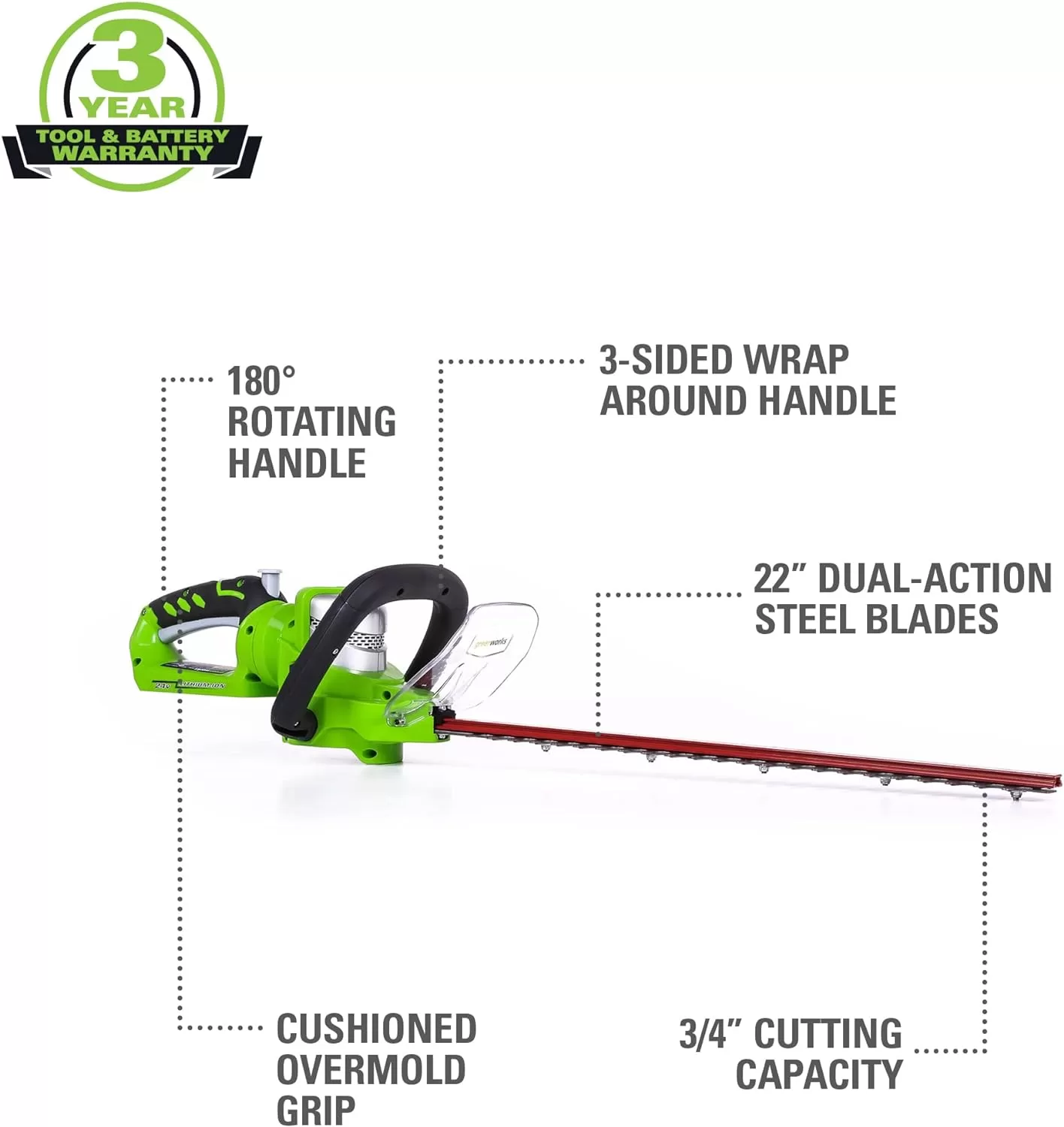 Greenworks 24V 22" Cordless Hedge Trimmer, 2.0Ah Battery and Charger Included