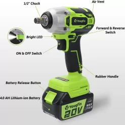 Yougfin Cordless Impact Wrench, 20V Power Brushless Impact Driver