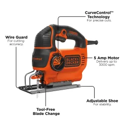 BLACK+DECKER Jig Saw, 5-Amp, 3,000 Blade Speed, 45 Degree Beveled Cuts, ¾-Inch Orbital Blade, 4 Curve Settings, Corded (BDEJS600C)