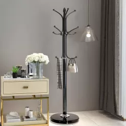 Kertnic Metal Coat Rack Stand with Natural Marble Base, Free Standing Hall Tree with 12 Hooks (Black)