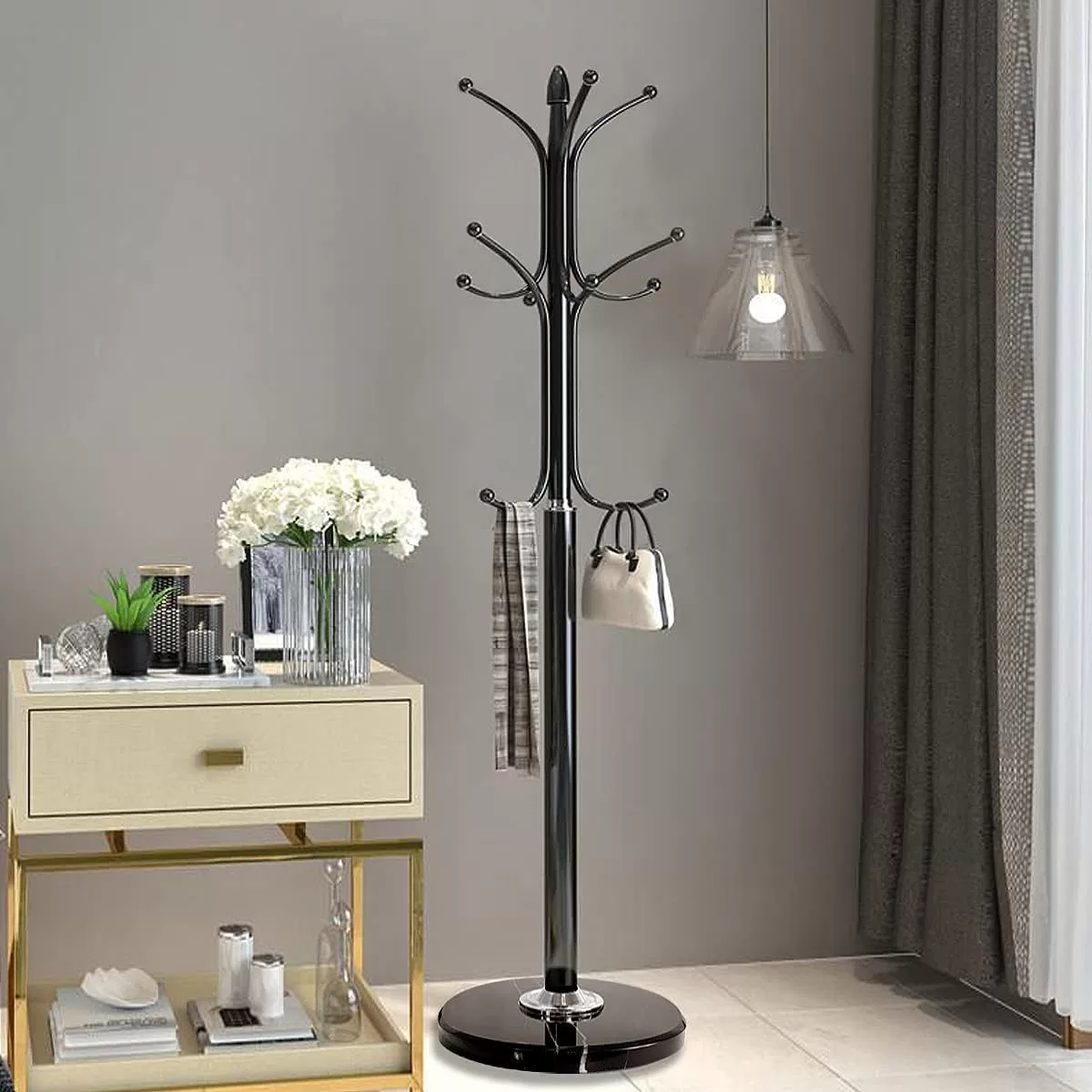 Kertnic Metal Coat Rack Stand with Natural Marble Base, Free Standing Hall Tree with 12 Hooks (Black)