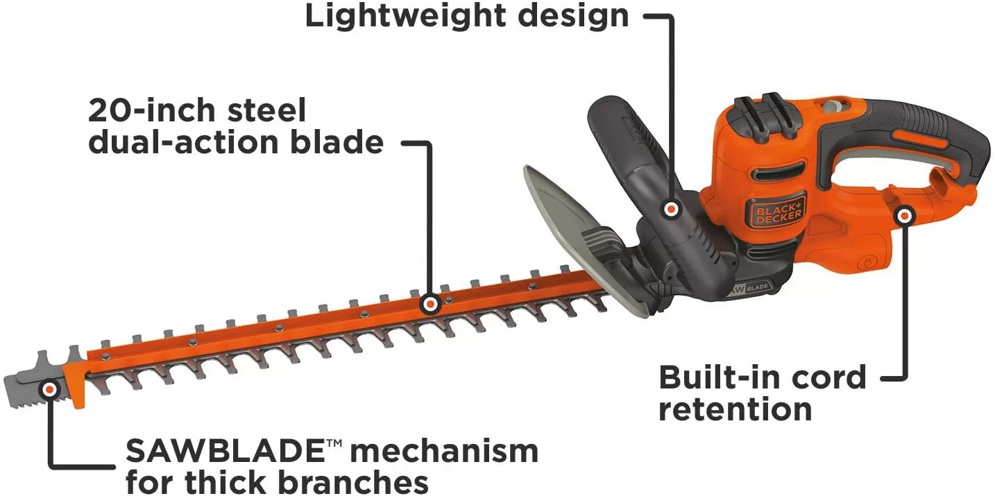 BLACK+DECKER Hedge Trimmer with Saw, 20-Inch, Corded (BEHTS300),Orange