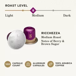 Peet's Coffee, Medium Roast Espresso Pods Compatible, Cafe Inspired Ricchezza Intensity 8, 100 Count (10 Boxes of 10 Espresso Capsules)