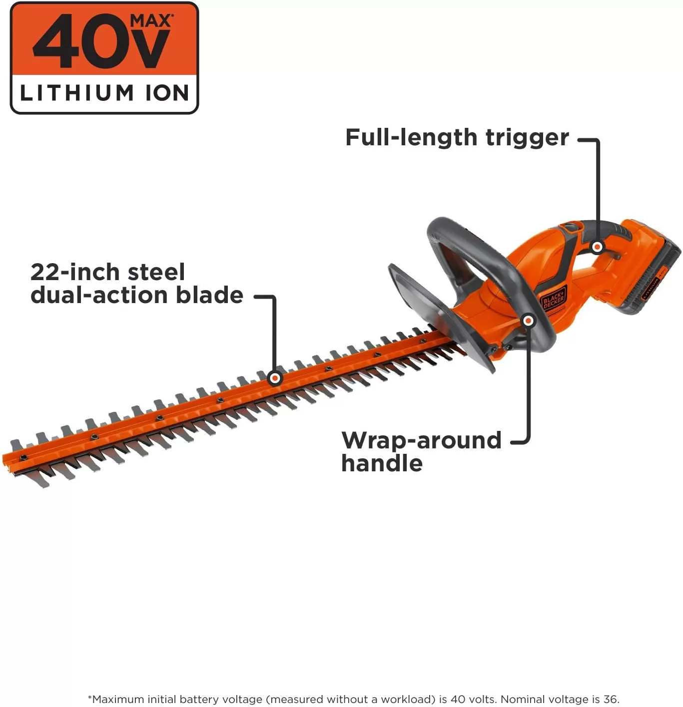 BLACK+DECKER 40V MAX* Lithium-Ion 22-Inch Cordless Hedge Trimmer (LHT2240),Red/Grey