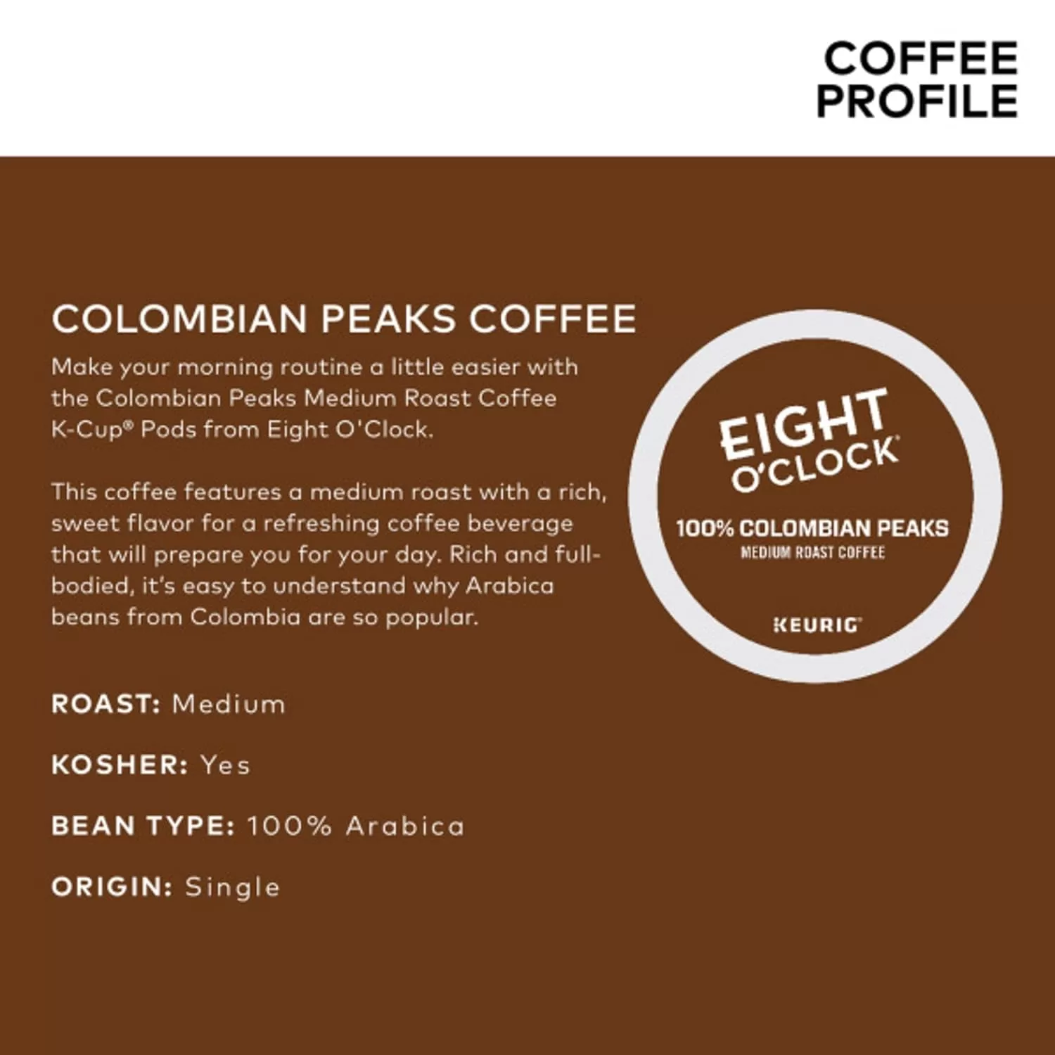 Eight O'Clock Coffee Colombian Peaks Single-Serve Keurig K-Cup Pods, Medium Roast Coffee Pods, 24 Count (Pack of 4)