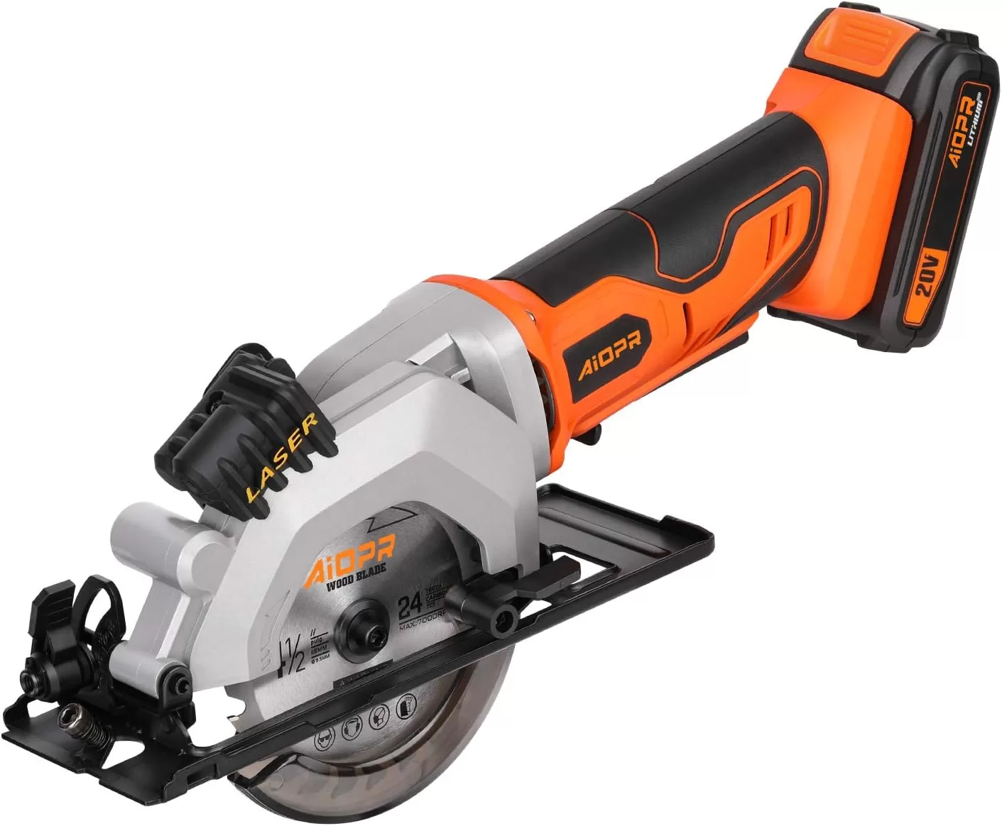 AIOPR 20V 4-1/2" Cordless Mini Circular Saw with Laser Guide, Rip Guide, Vacuum Adapter and 2 Blades (97630L)