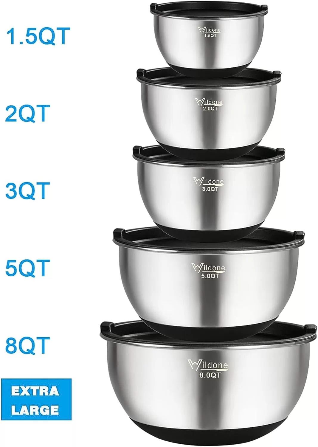 Wildone Mixing Bowls with Airtight Lids, Stainless Steel Nesting Mixing Bowls Set of 5
