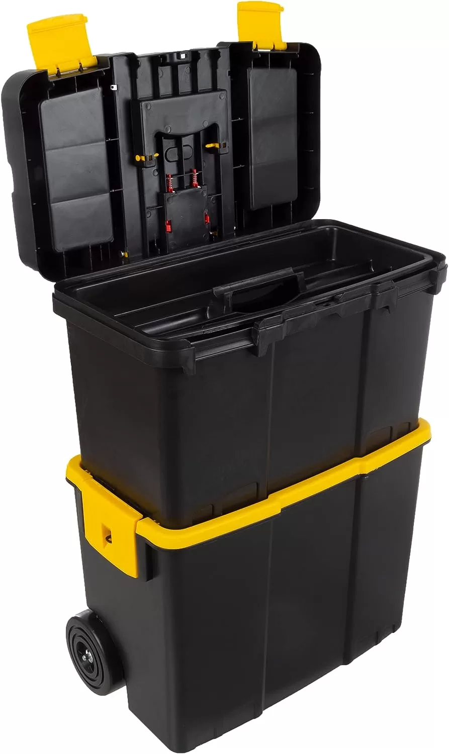Portable Tool Box with Wheels - Stackable 2-in-1 Tool Chest with Fold-Down Comfort Handles