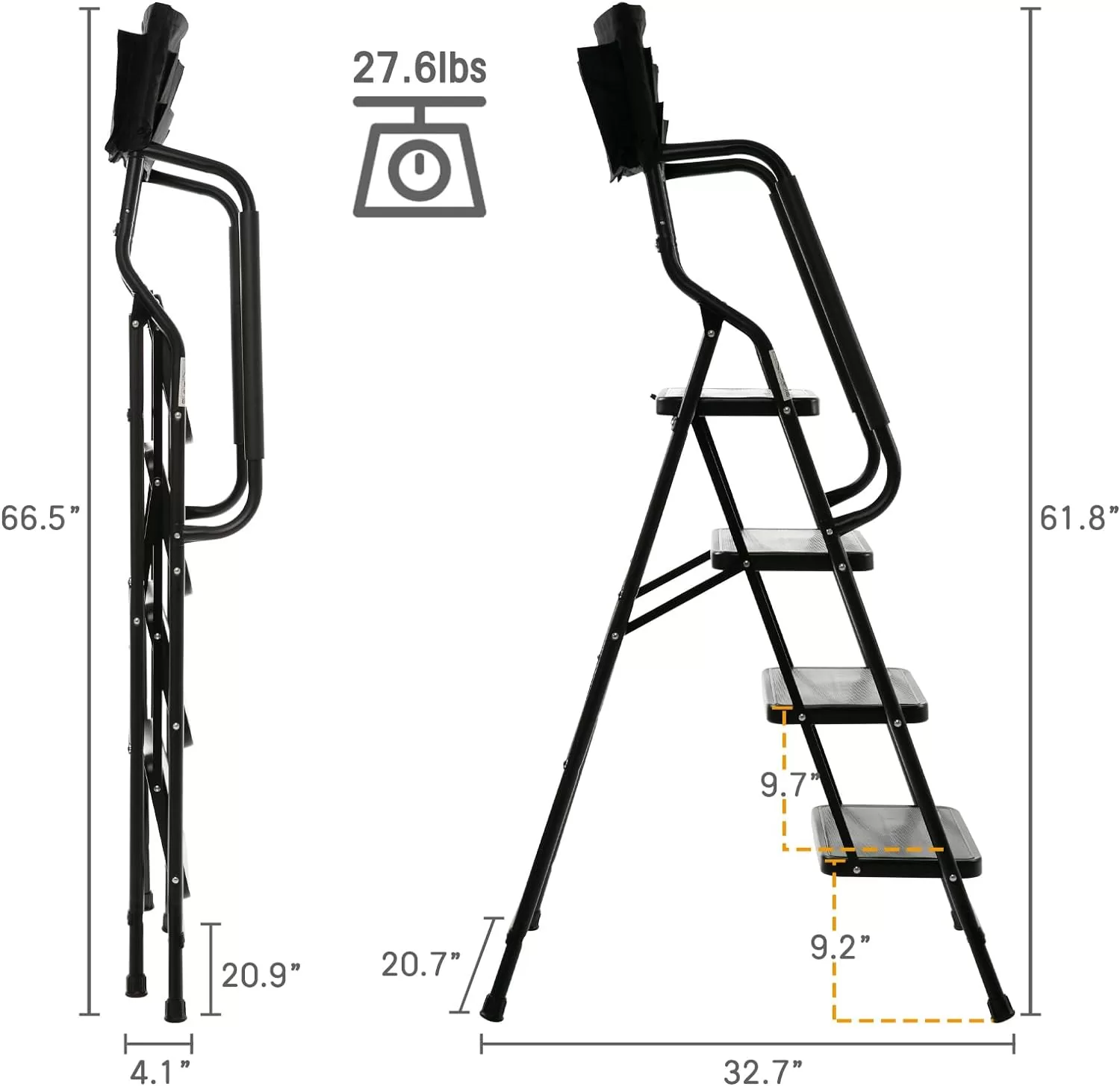 WiberWi 4 Step Ladder with Handrails 500 lb Capacity Step Stool Folding Portable Ladders for Home Kitchen Steel Frame