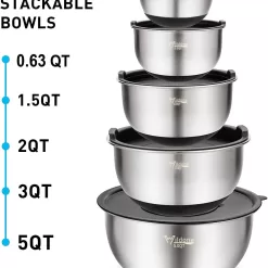 Wildone Mixing Bowls Set of 5, Stainless Steel Nesting Bowls with Airtight Lids