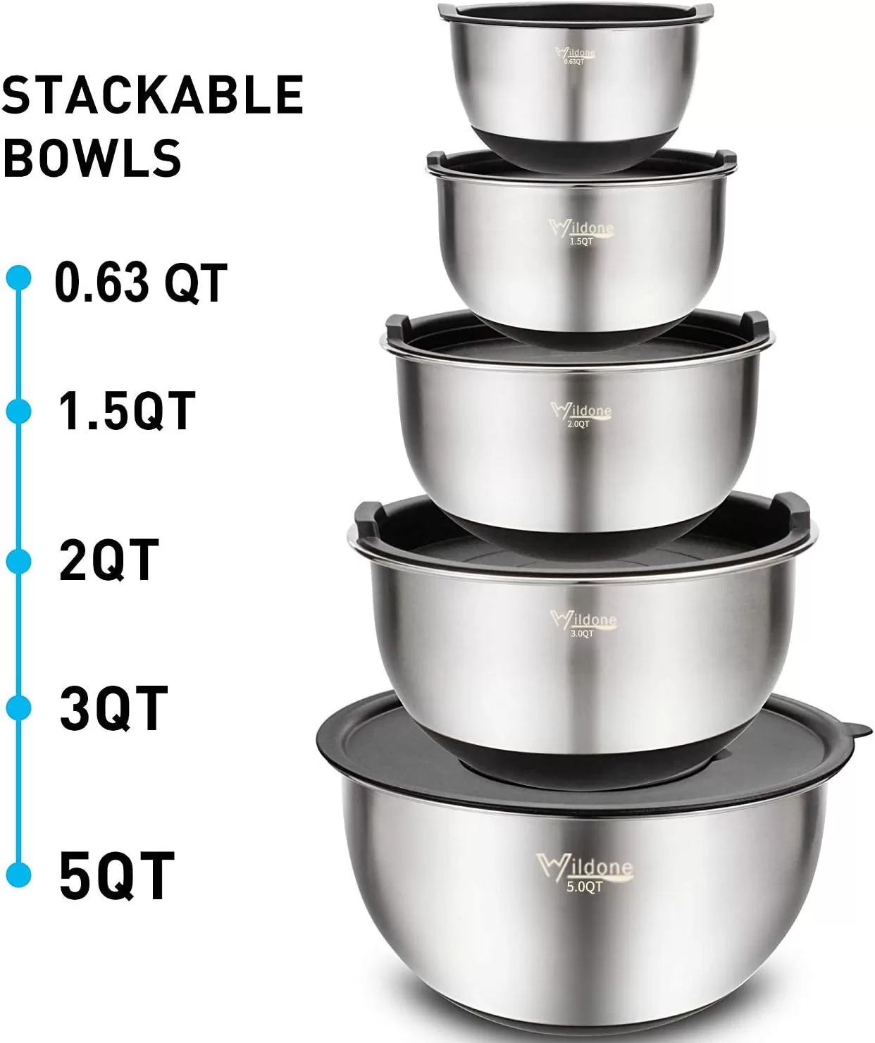 Wildone Mixing Bowls Set of 5, Stainless Steel Nesting Bowls with Airtight Lids