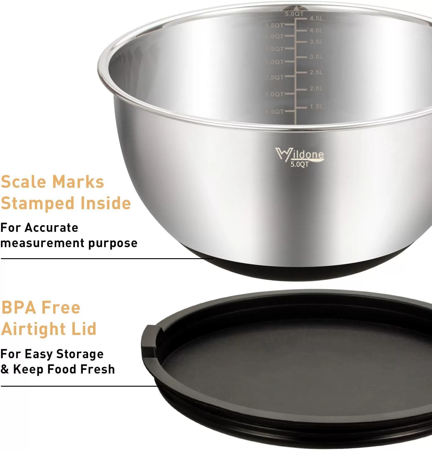 Wildone Mixing Bowls Set of 5, Stainless Steel Nesting Bowls with Airtight Lids