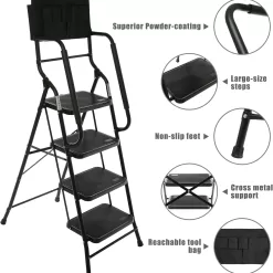 WiberWi 4 Step Ladder with Handrails 500 lb Capacity Step Stool Folding Portable Ladders for Home Kitchen Steel Frame